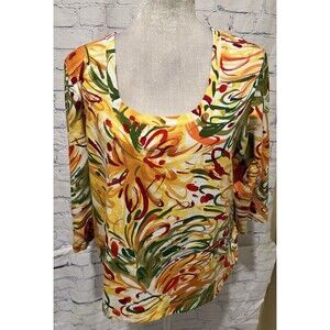 Chicos Top Womens Multicolor Cotton 3/4 Scoop Pullover Abstract Tropical 3/XL/16